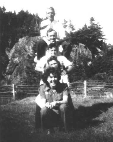 198: top to bottom Jim McCarthy, Gerry McCarthy, Bill Ryan, Jessie Griffin, Cede McCarthy. (circa 1943)  [courtesy of Madonna (Healey) McCarthy]  - Jim son of Thomas McCarthy &amp;amp; Marg Whelan; Gerry and Cede children of James McCarthy &amp;amp;  Julia Reddy; Bill son of Denis Ryan &amp;amp; Mae Dunphy; Jessie from Indian Harbour, married Jack Bishop